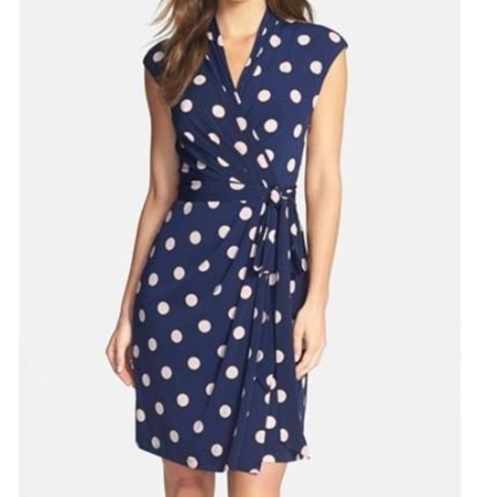 Polka Dot Jersey cap sleeve Faux Wrap day Dress